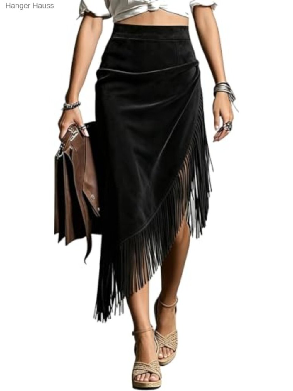 Faux Suede Asymmetrical Fringe Midi Skirt Western Cowgirl Outfit